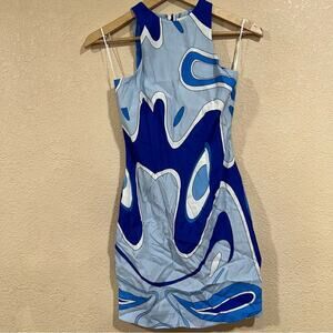 Sara Battaglia Abstract Retro 70s Blue White Tank Dress
